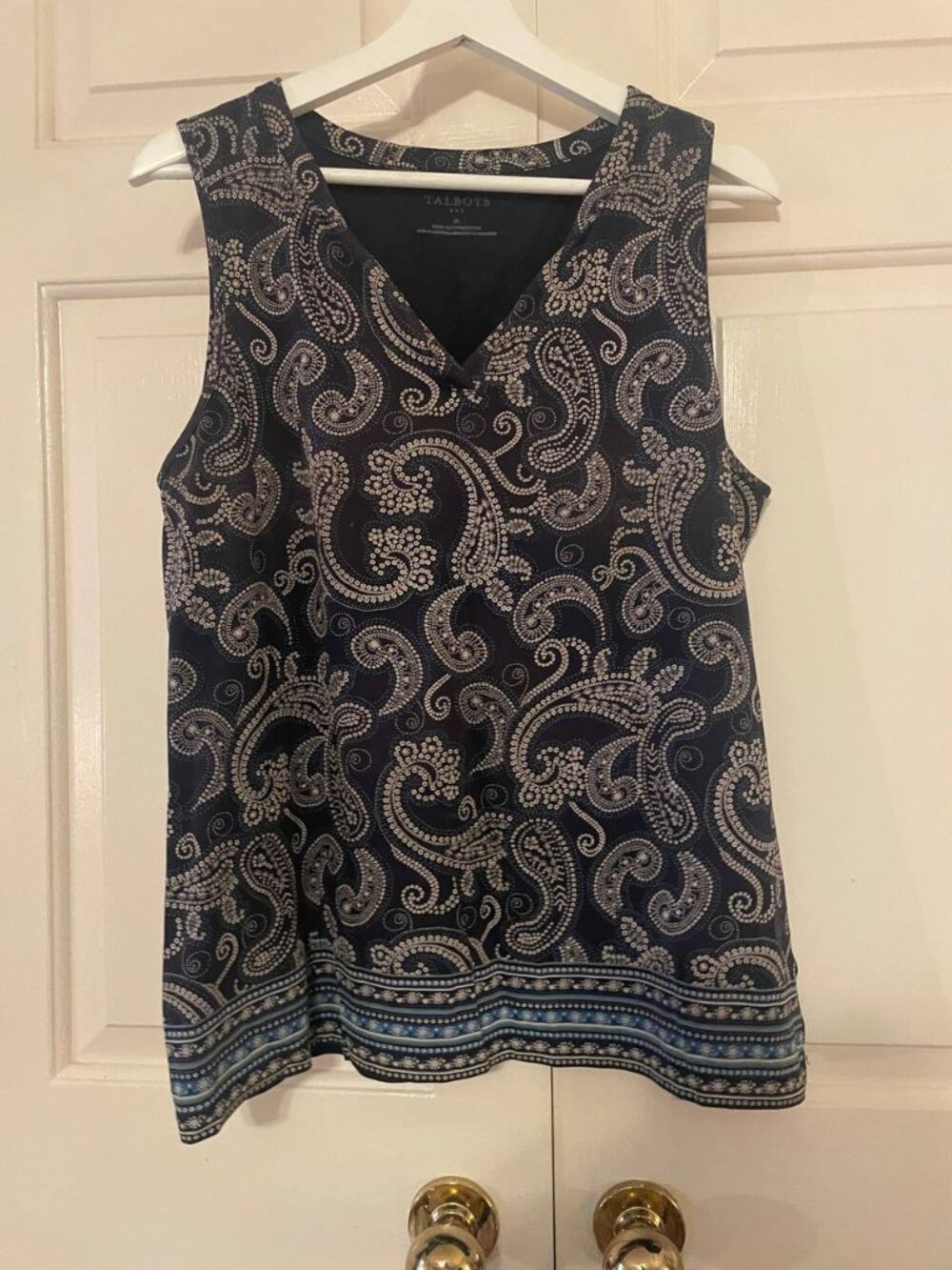 Talbots Navy Blue Paisley Sleeveless Top M | Classic Coastal Resort Wear Blouse